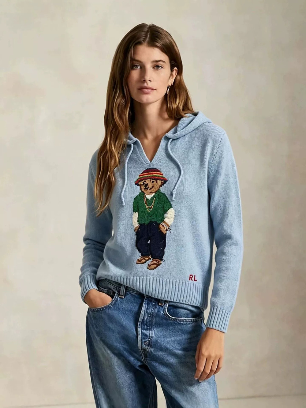 Zara Fall Winter Cartoon Bear Hooded Knit Sweater Heavy Embroidery QR Code